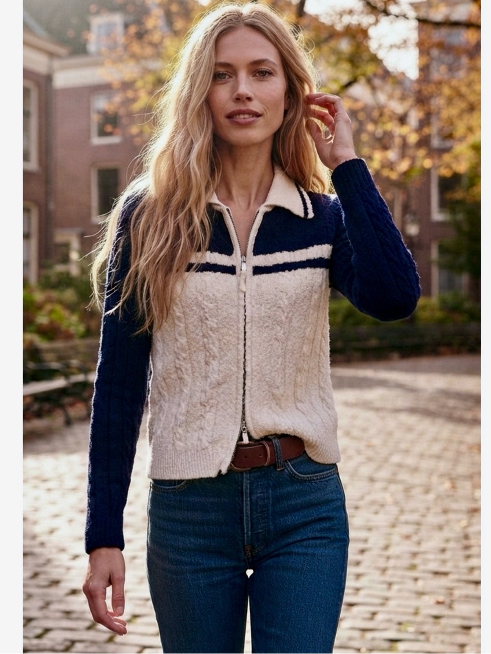 Madewell Cable-Knit Zip Cardigan Womens Size Medium Navy Ivory Colorblock New